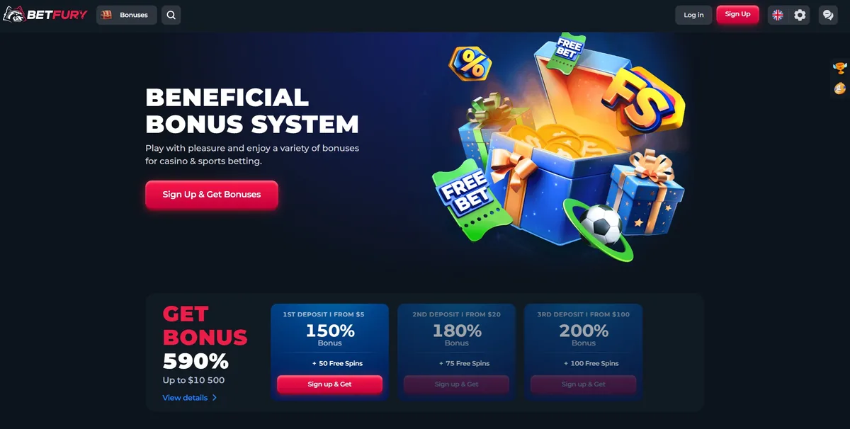 The BetFury bonuses page showing three deposit tiers with rising minimum deposits