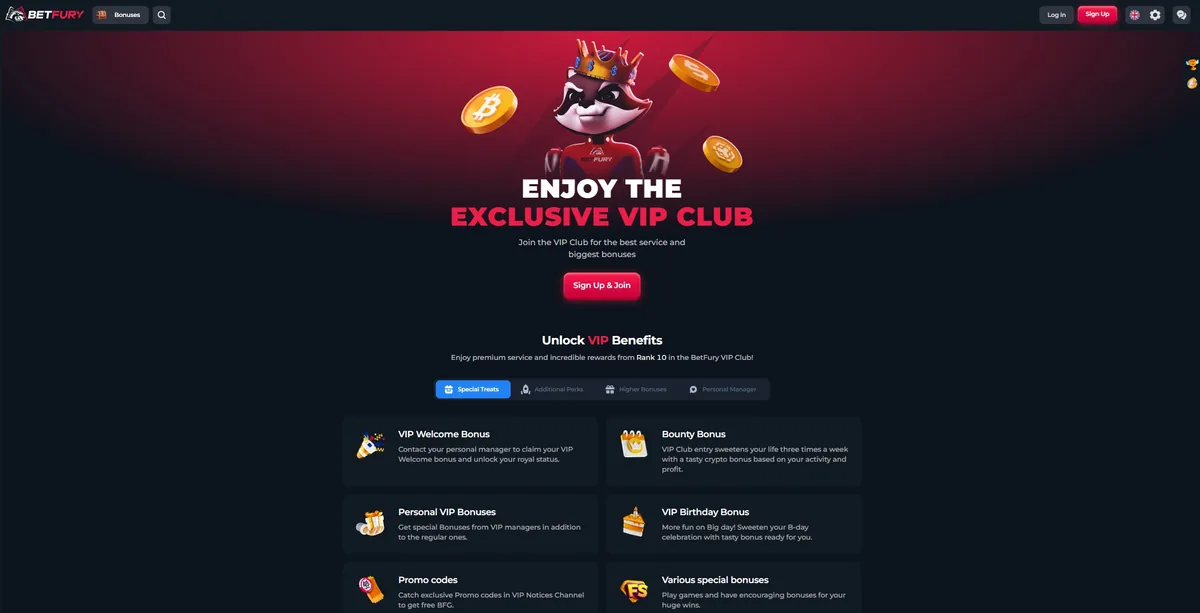 The BetFury VIP club page listing member benefits without any rates