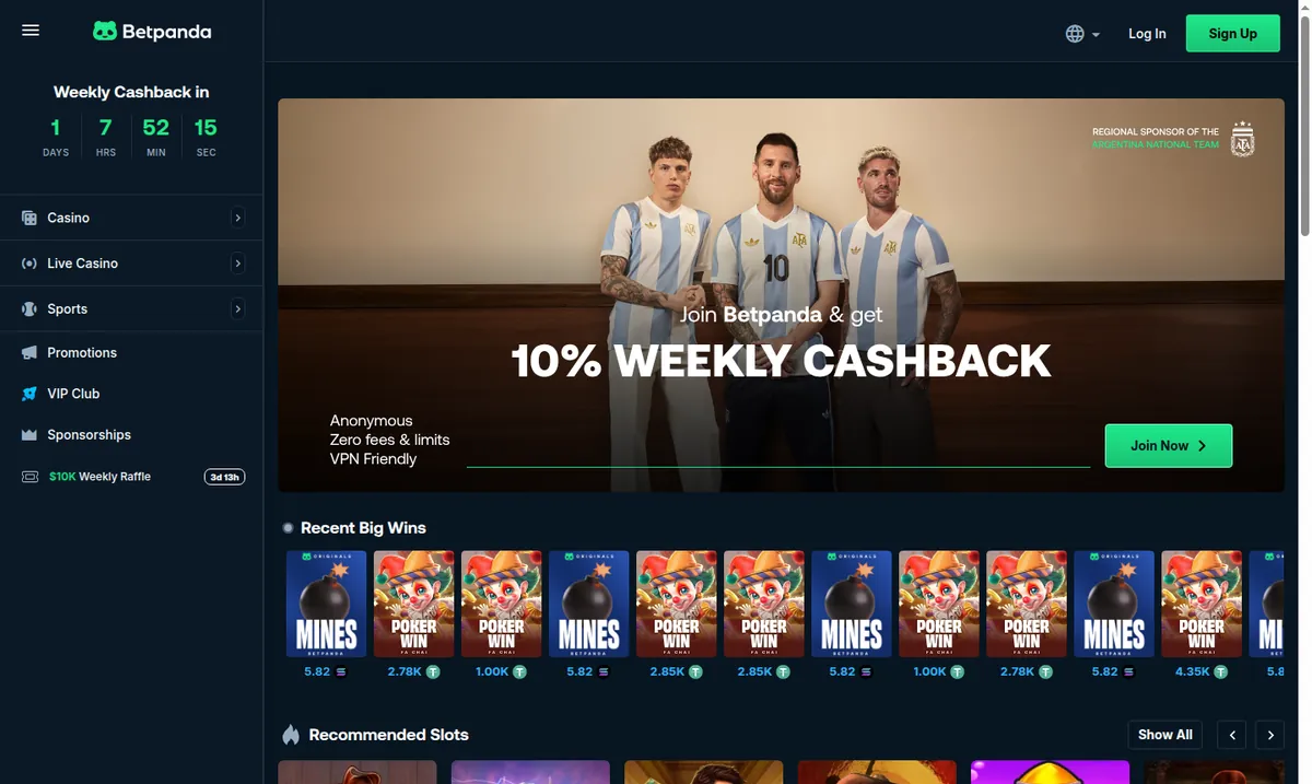 The Betpanda.io home page: a weekly cashback banner with a countdown, a recent big wins strip and recommended slots