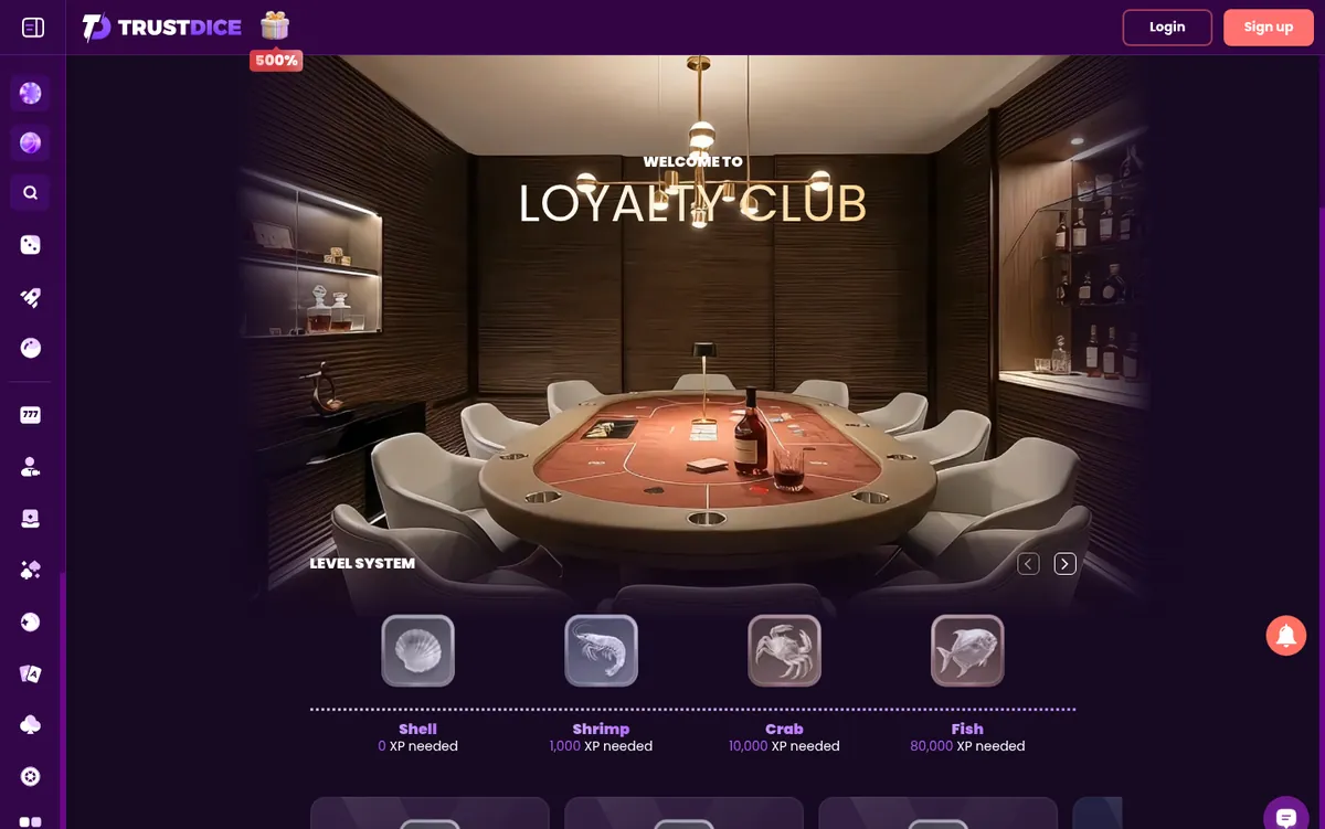 The TrustDice VIP or loyalty programme page showing its tiers and rewards
