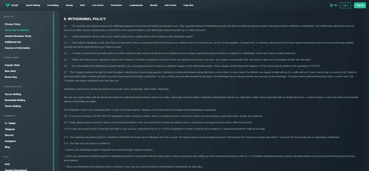 Section 8 of the Vave terms, the withdrawal policy, shown in full